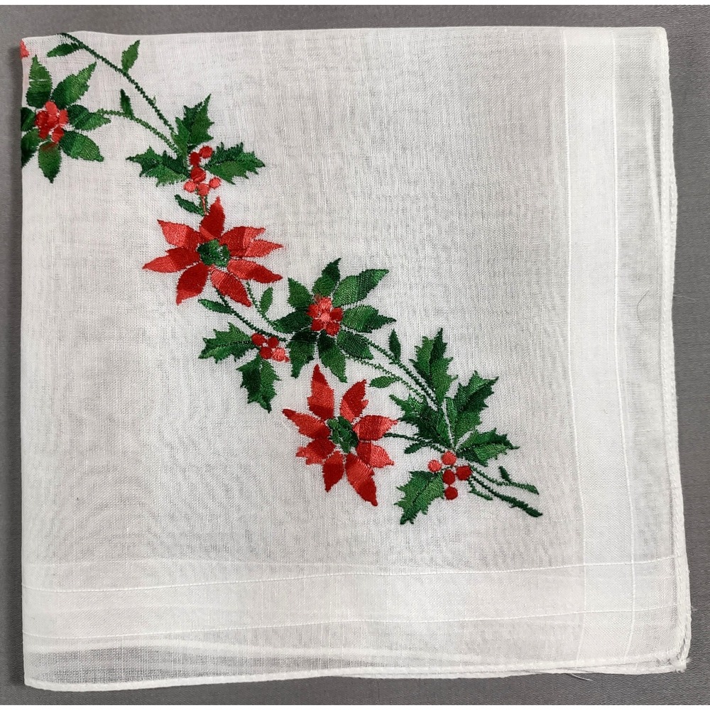 Vtg Christmas Handkerchief 12x12.25 Embroidered Red Poinsettia Holly Berries - Picture 1 of 3